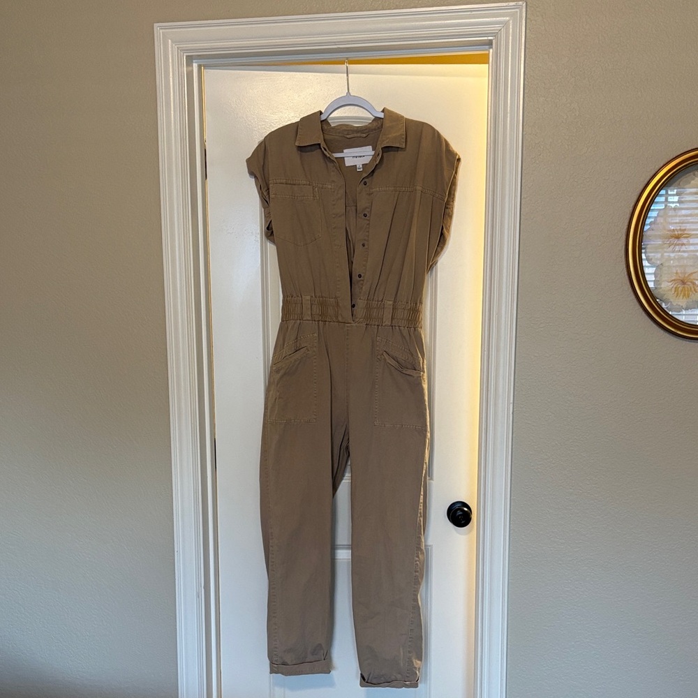 pistola Button-Front Utility Jumpsuit in Khaki